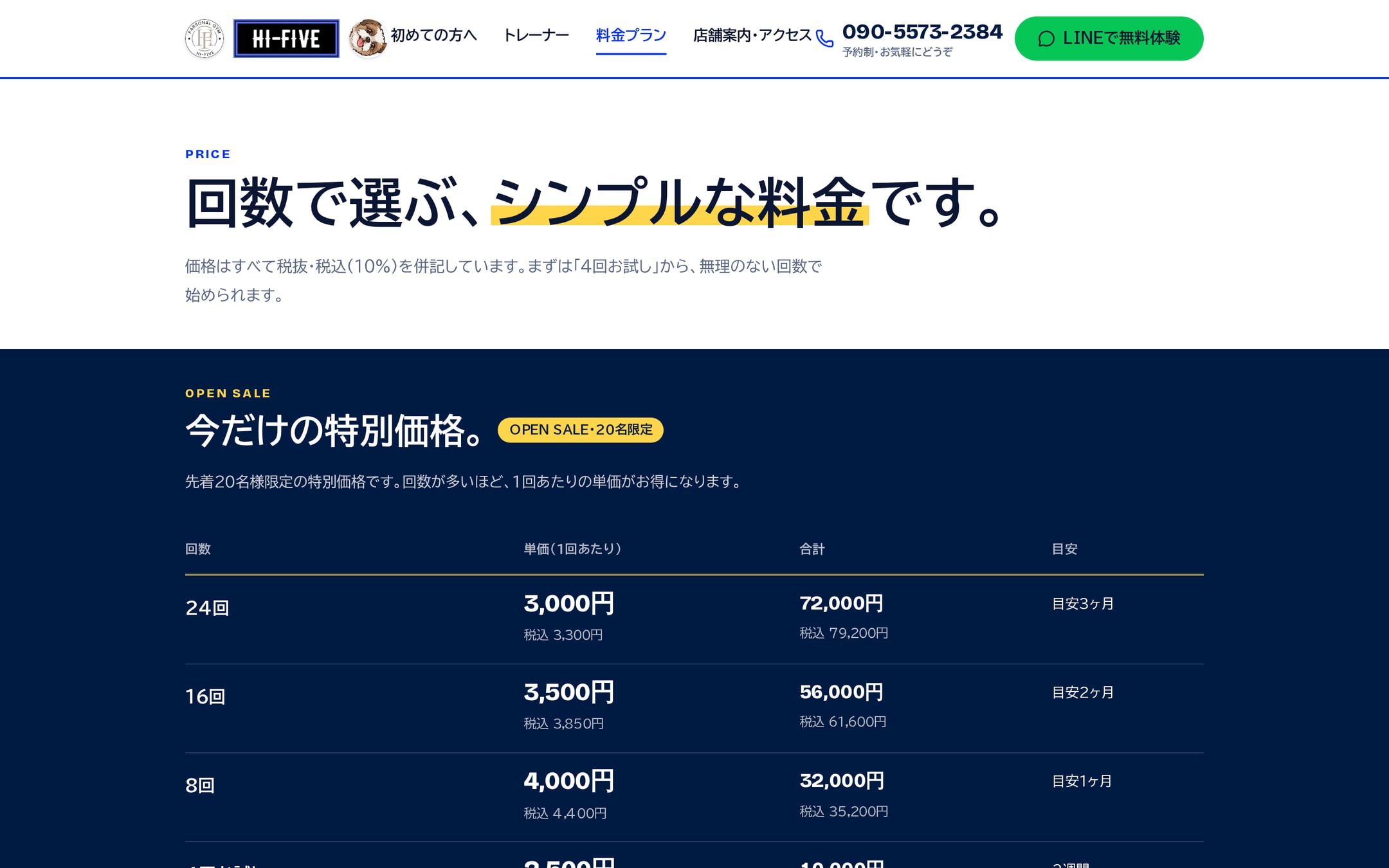 料金プランページ。「回数で選ぶ、シンプルな料金です。」の見出しの下に、紺地に白のOPEN SALE料金ボード。24回・16回・8回の回数ごとに単価と合計を税抜・税込併記で表示