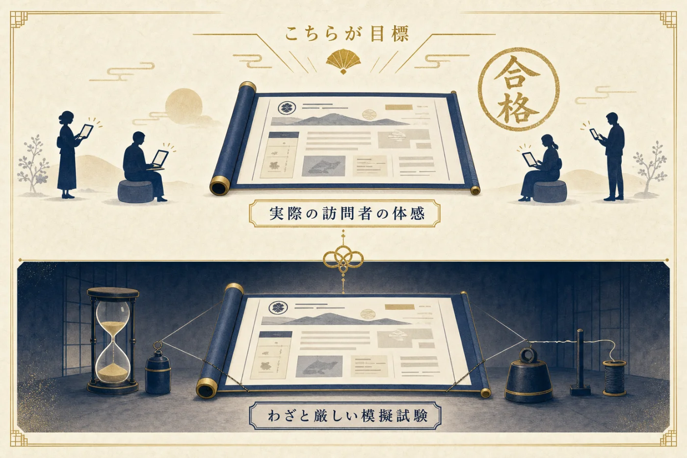 PageSpeed Insightsの結果画面が上段(実際の訪問者の体感データ)と下段(わざと厳しい条件の模擬試験)という2つの別の測定でできていることを示す概念図